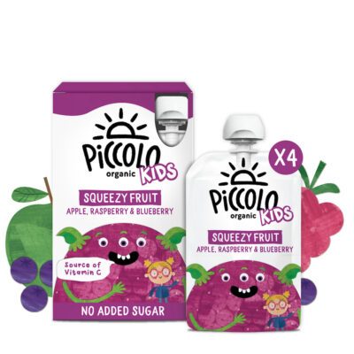 Piccolo Organic Kids Squeezy Fruit Apple, Raspberry & Blueberry 4x90g (3yrs+)