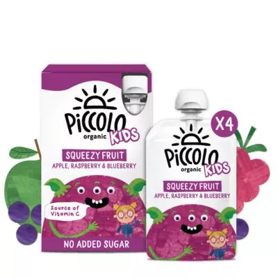 Piccolo Organic Kids Squeezy Fruit Apple, Raspberry & Blueberry 4x90g (3yrs+)
