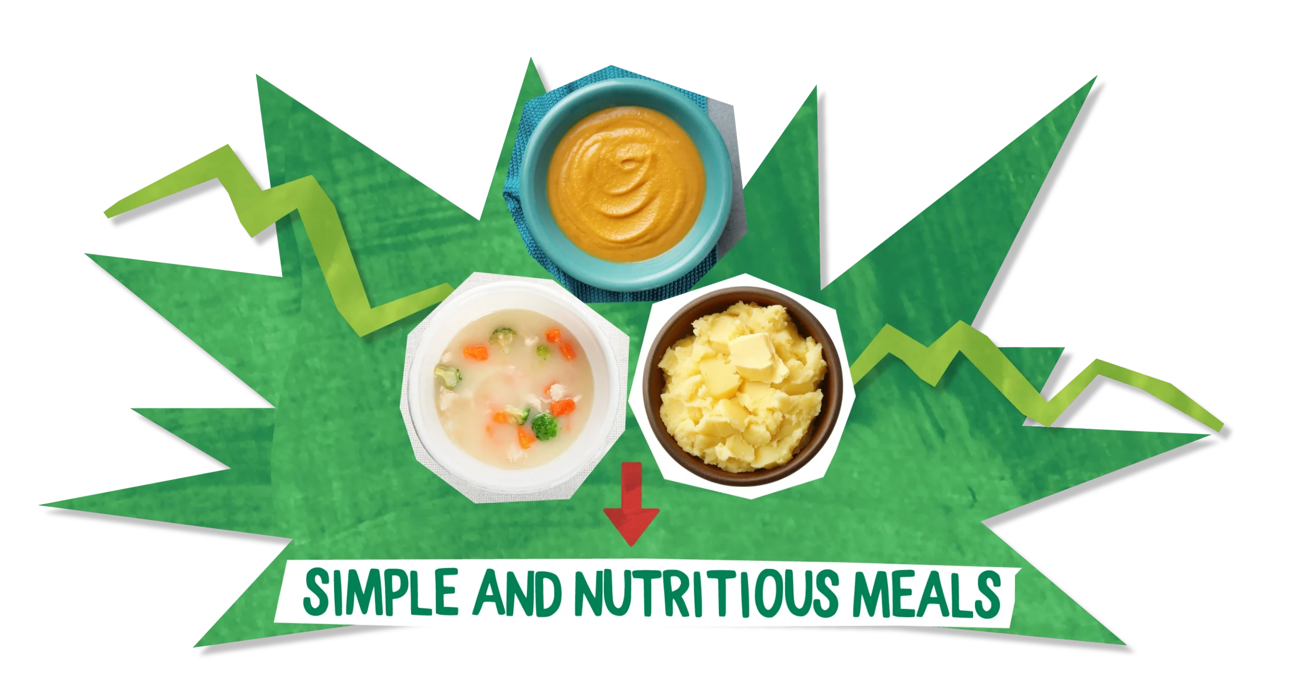  collage of butternut squash puree, chicken soup , mashed potato with an arrow saying simple & nutritious meals