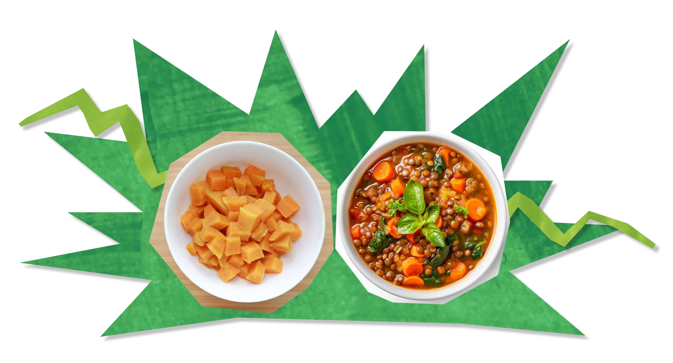 collage of sweet potato and lentil stew with illustrative border