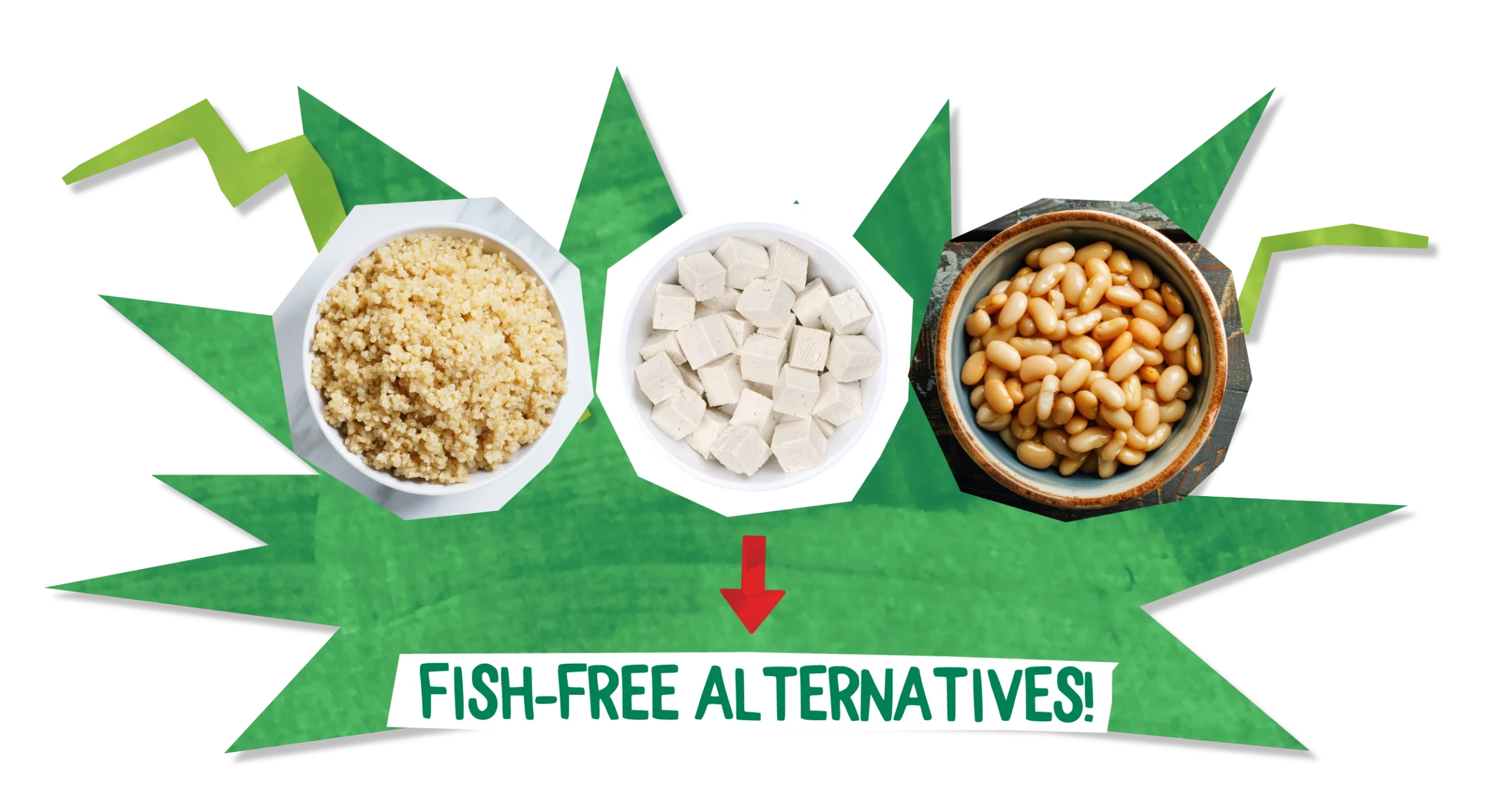 collage of tofu, tempeh, quinoa and beans with a tick and text saying fish-free alternatives!